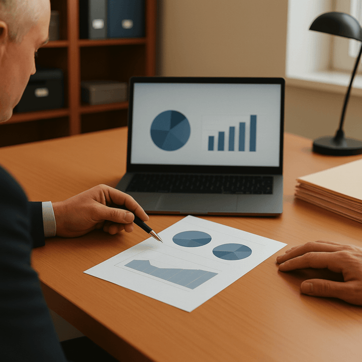 Business plan on laptop with financial charts